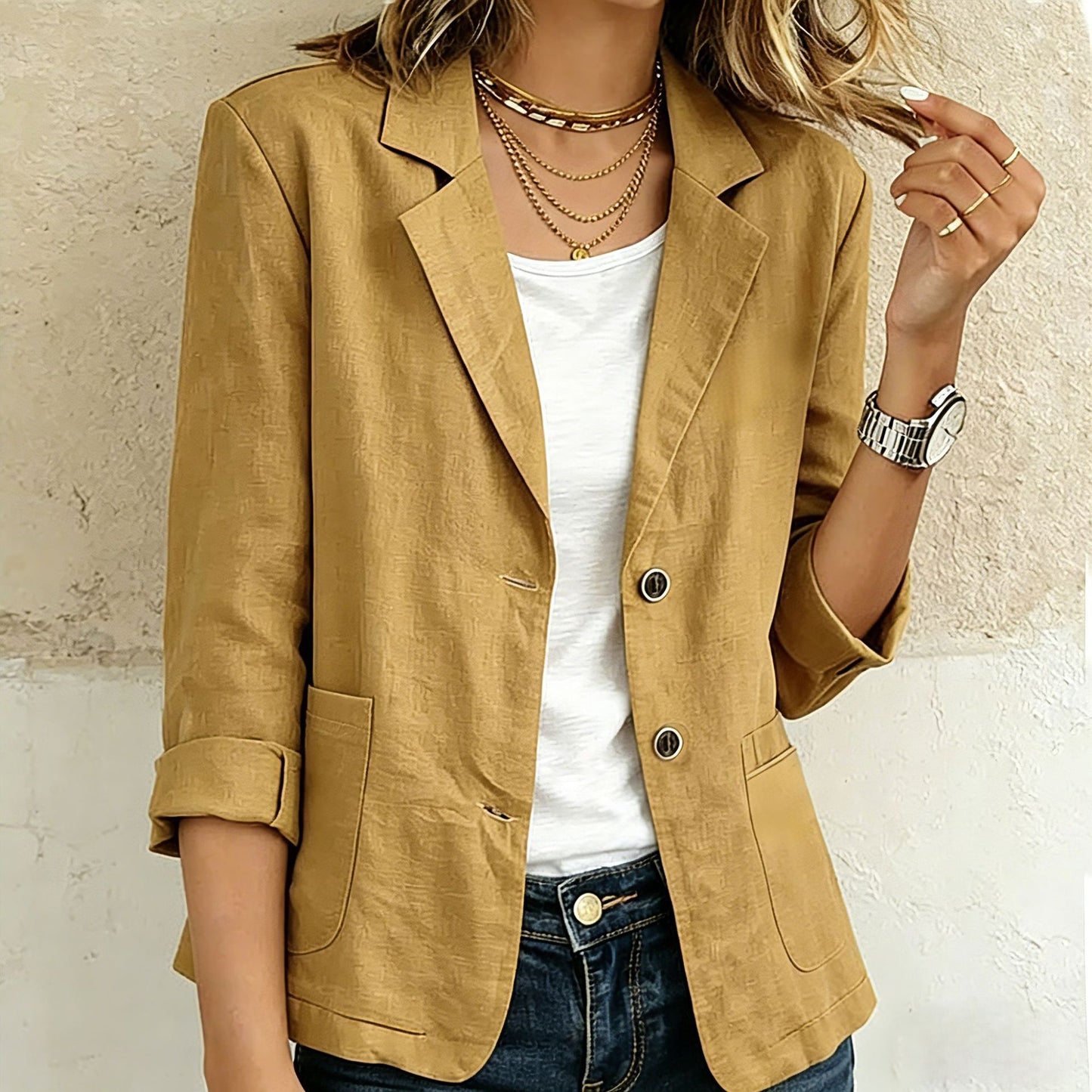 Womens Buttoned Long Sleeve Linen Blend Jacket