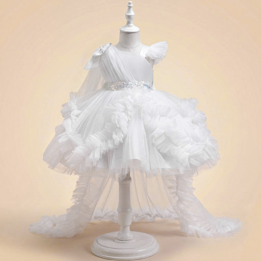 Girls Tulle Princess Dress with Irregular Train and Bow Detail Birthday Party Dress
