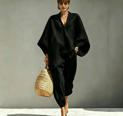 Women Casual Batwing Sleeve V-Neck Linen Blend Suit