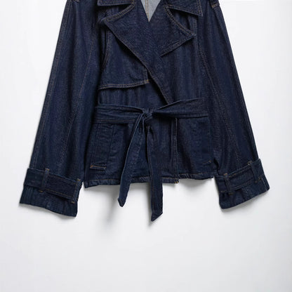 Dames denim windjack met lange mouwen en ceintuur
