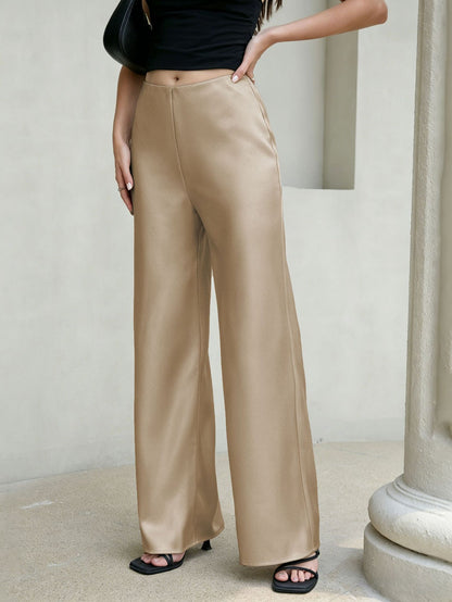 Women's High-Waisted Satin Wide Leg Long Pants with Elastic Waist