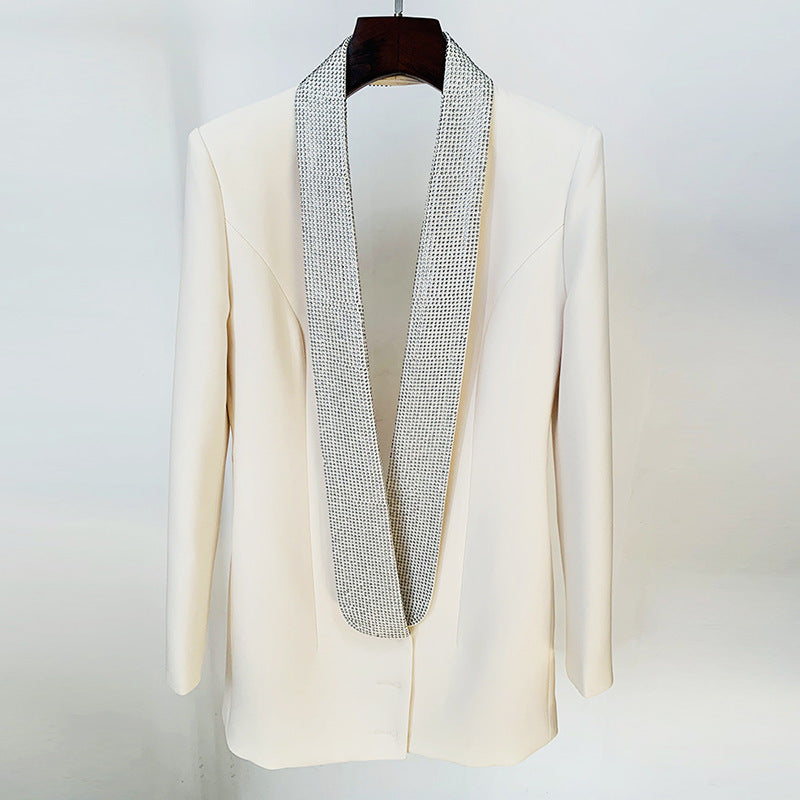 Women's Rhinestone Backless Mandarin Collar Blazer Dress