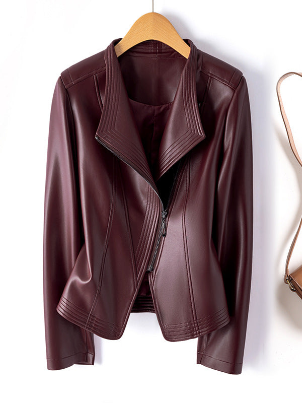 Womens PU Leather Biker Jacket Slim Fit Lapel Zipper