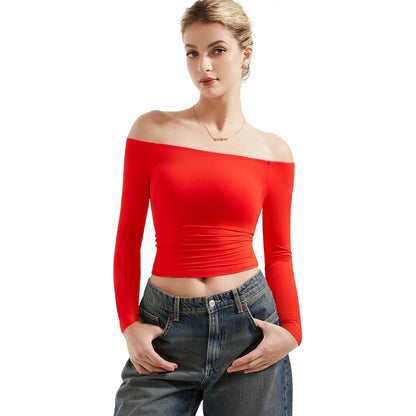Women's Off-Shoulder Long Sleeve Crop Top Slim Fit Pullover