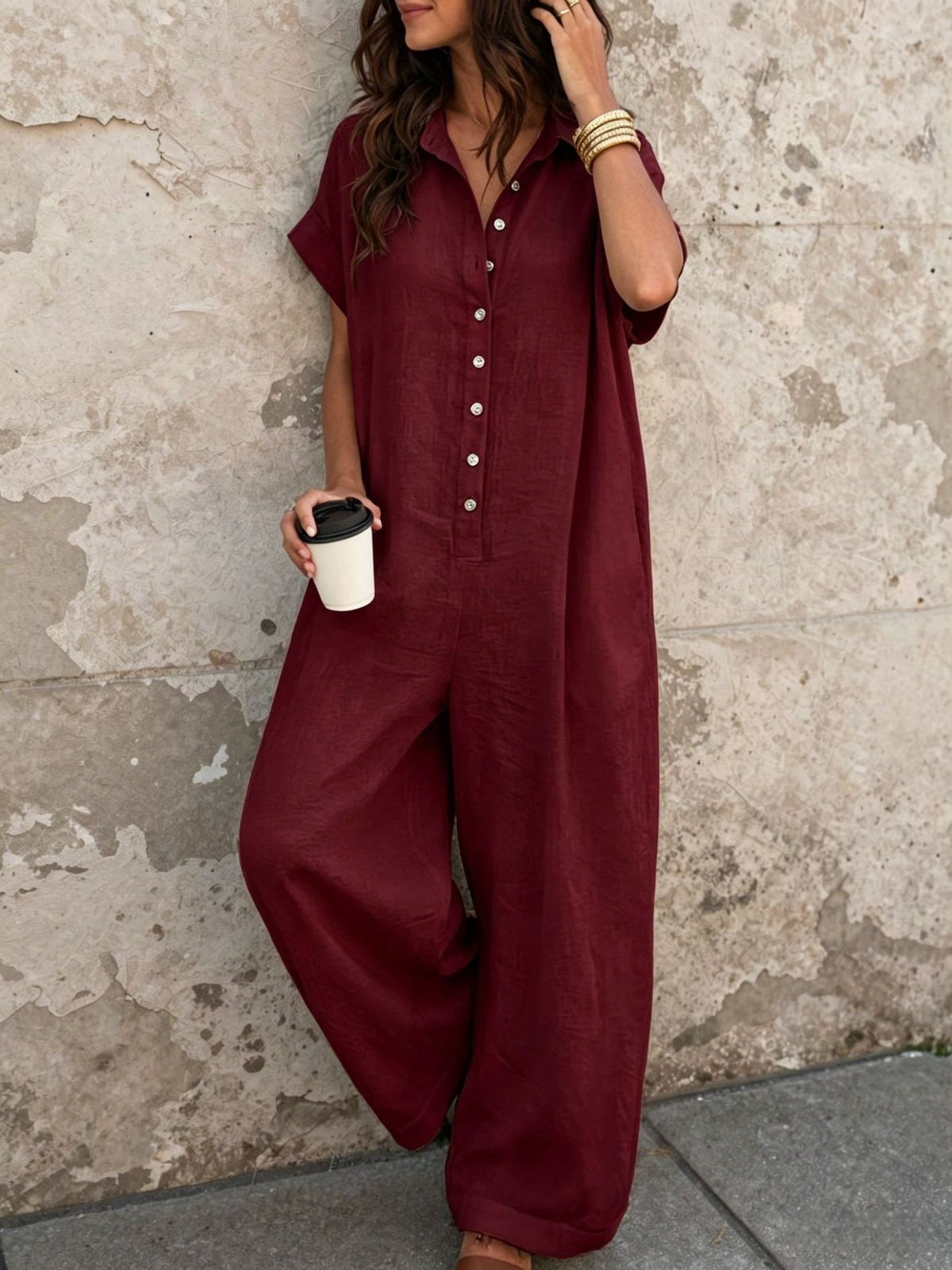 Short Sleeve Button Front Loose Fit Jumpsuit