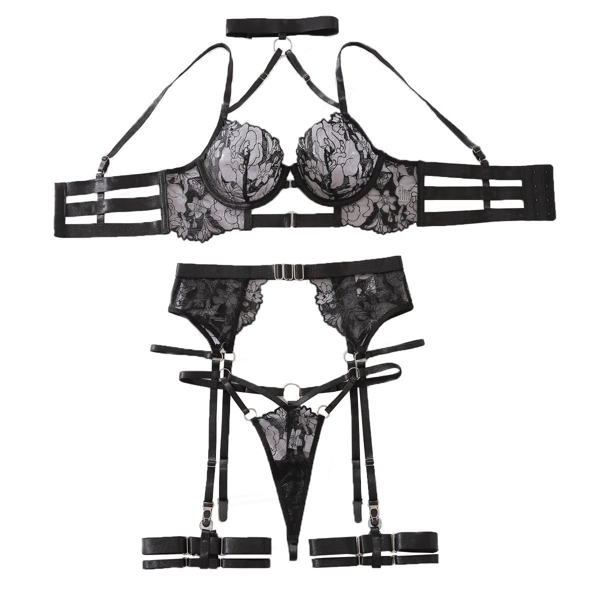 Embroidered Sheer Lingerie Garter Set