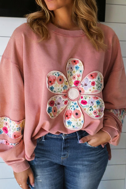 Peach Blossom Plus Size Sweatshirt met bloemenapplicaties en verlaagde schouders