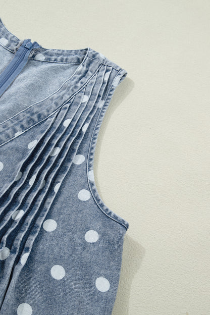 Korte wijde mouwloze jumpsuit van denim met stippenprint strik V-hals en plooien