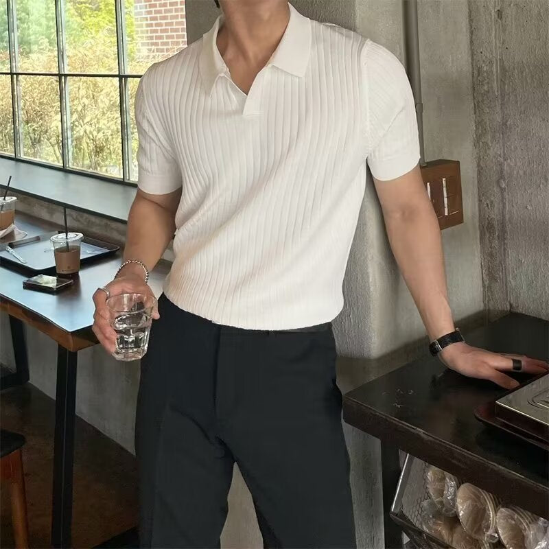 Fashion Casual Lapel Pure Color Polo Shirt Casual Knitted Short-Sleeved Men's Summer New Breathable Trendy Men's T-Shirt