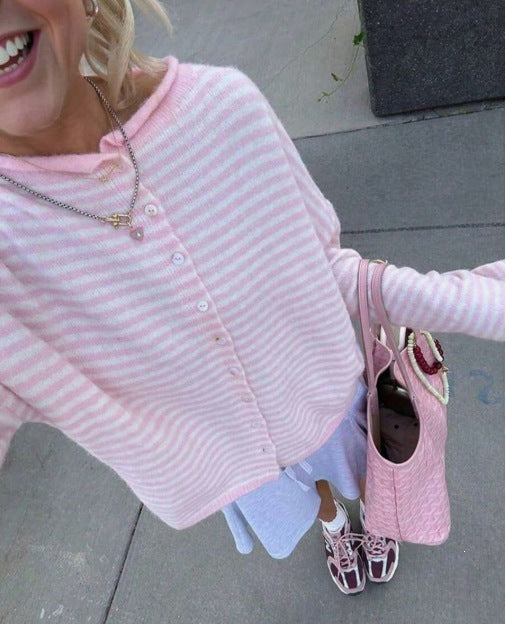 Women's Striped Knit Button-Front Long Sleeve Cardigan