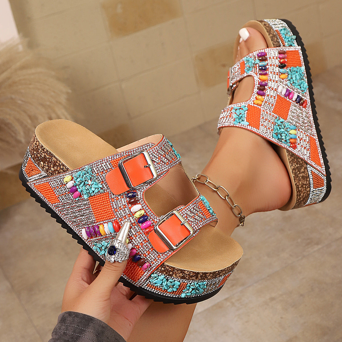 Cork Double-Buckle Rhinestone Sandals