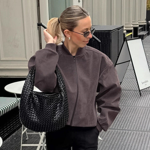 Suède American High Street staande kraag bomberjack met lange mouwen en rits