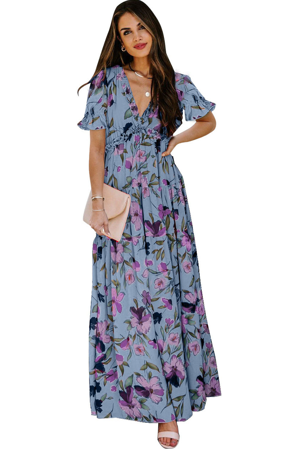 Hemelsblauwe maxi-jurk met vurige bloemenprint ruches V-hals en korte mouwen