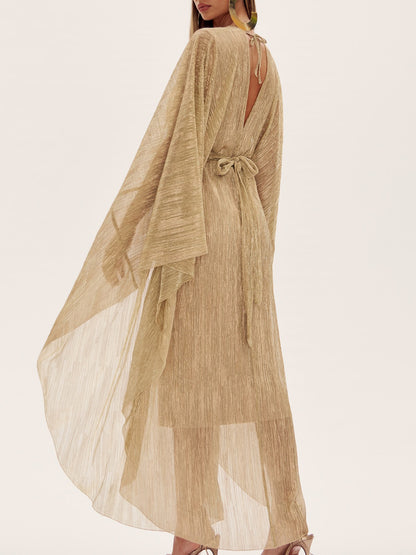 Champagne Diepe V Geplooide Dolman Mouw Jurk