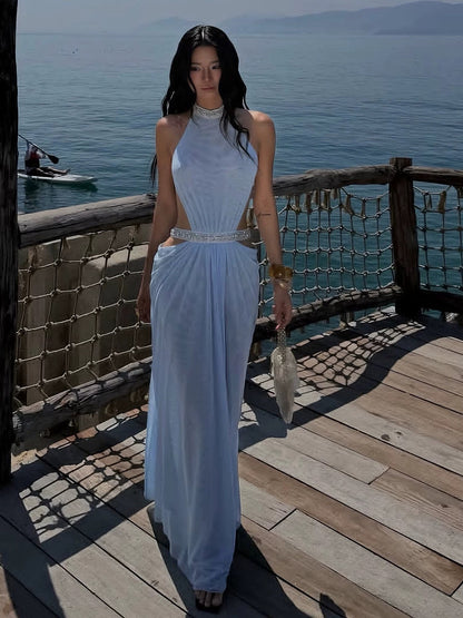 Rhinestone Halter Neck Backless Long Dress