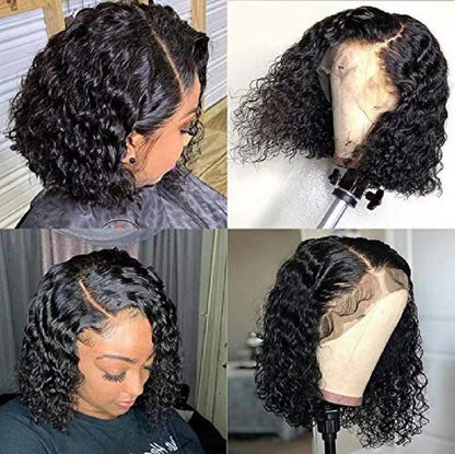 Black mid-part short curly hair