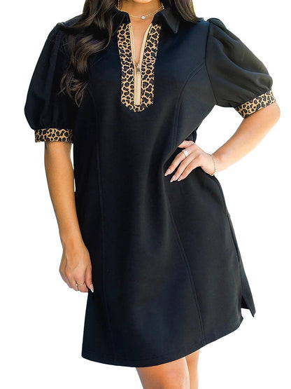 Summer Pullover Notched Collar Dress Women Casual Leopard Trim Short Dress