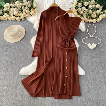 Elegant Knitted Shawl Jacket and Vest Dress Suit