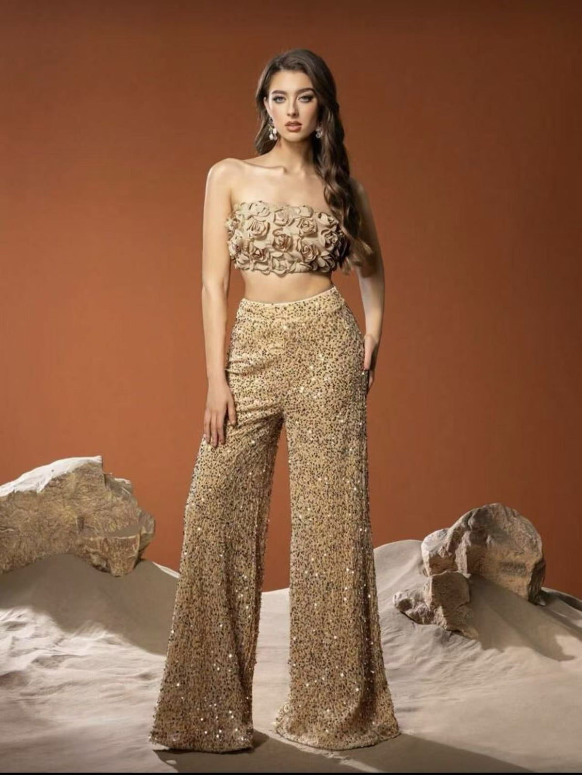 Solid Color Sequin Wide Leg Pants High Waist Slimming Dress Pants