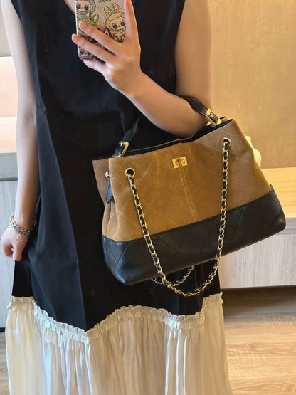 Tweed Style Suede Tote Bag with Chain Strap