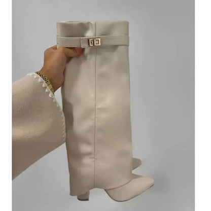 Metal Buckle Medium Long Boots Plus Size Thick Heel Pants Boots Women's Boots