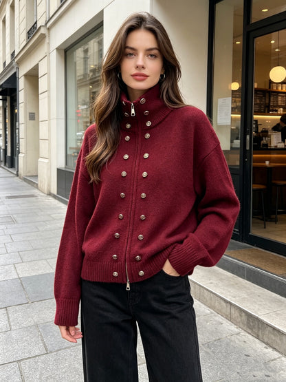 button-decorated knitted zipper cardigan sweater coat