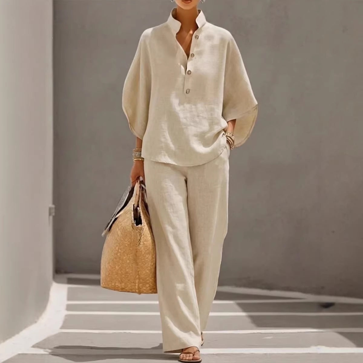 Womens Cotton Linen Shirt Set Casual Long Sleeve