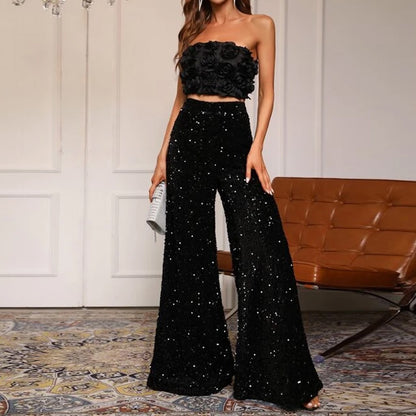 Solid Color Sequin Wide Leg Pants High Waist Slimming Dress Pants