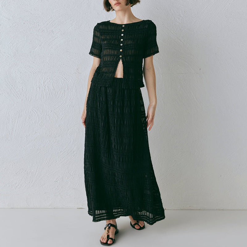 Pure Color Pleated Blouse and Skirt