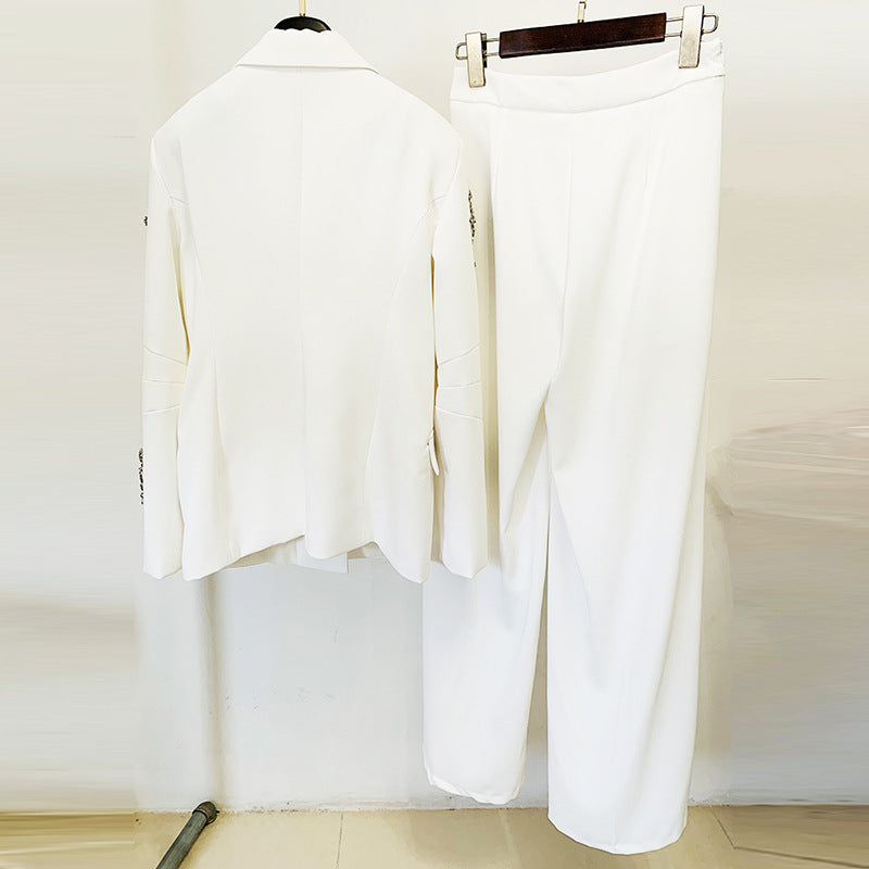 Beaded Rhinestone Blazer and Wide-Leg Pants Set