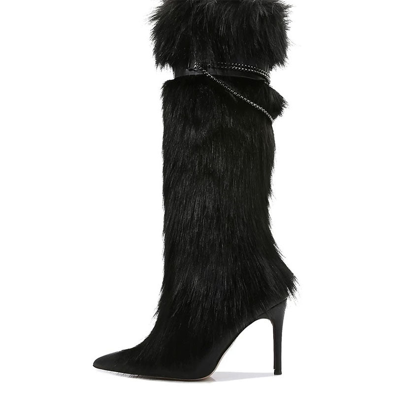 Pointed-toe furry boots high heels