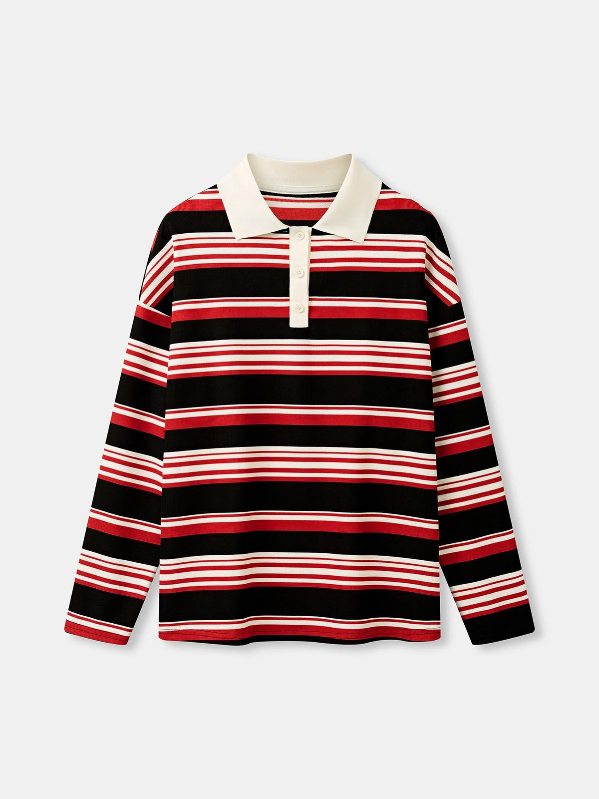 Retro Color-Block Striped Long-Sleeve Polo Sweatshirt,