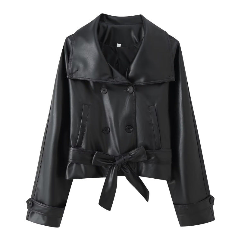Retro Two-Tone Double-Breasted Leather Jacket with Tie Detail