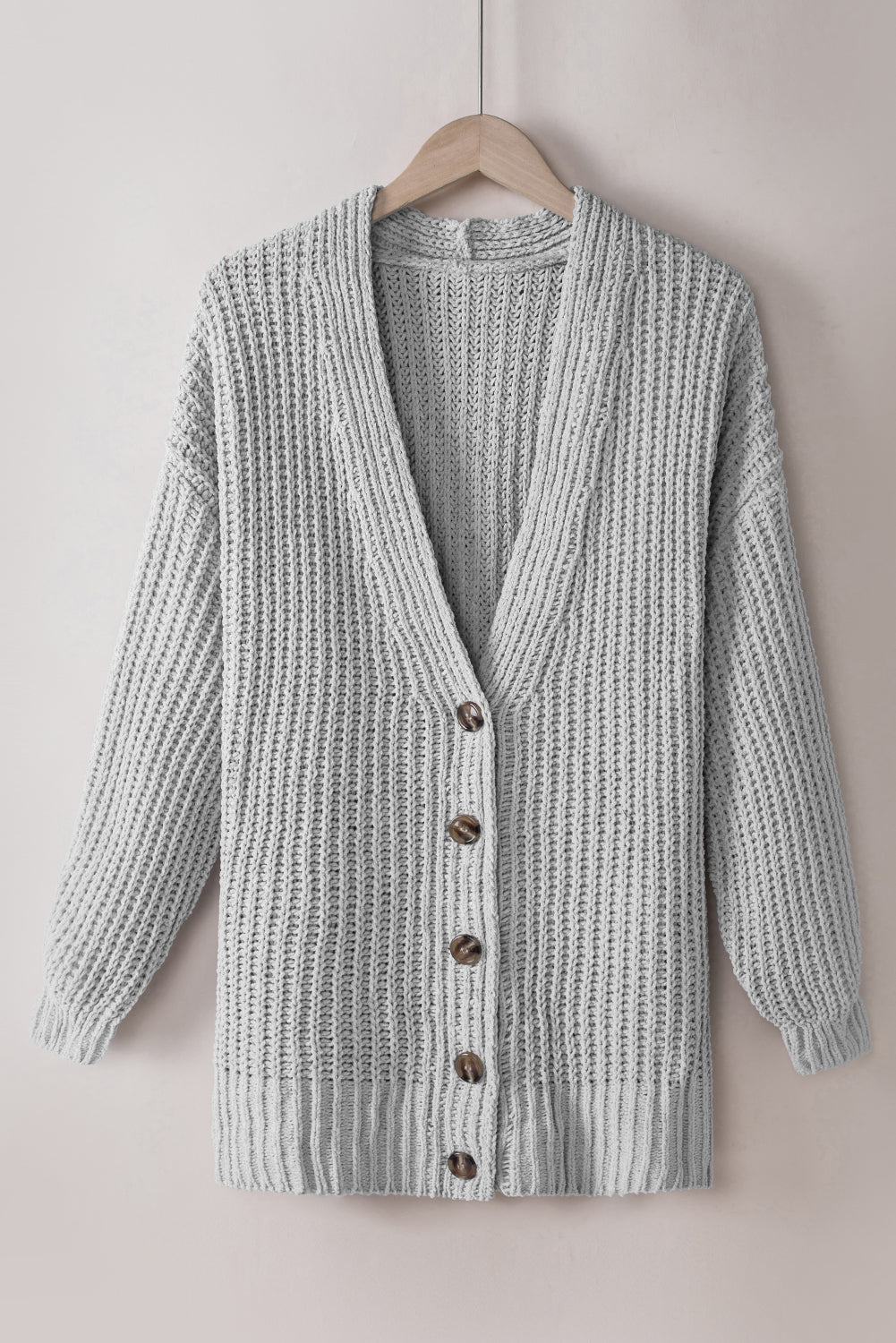 Gray Buttoned Front Drop Shoulder Knitted Cardigan