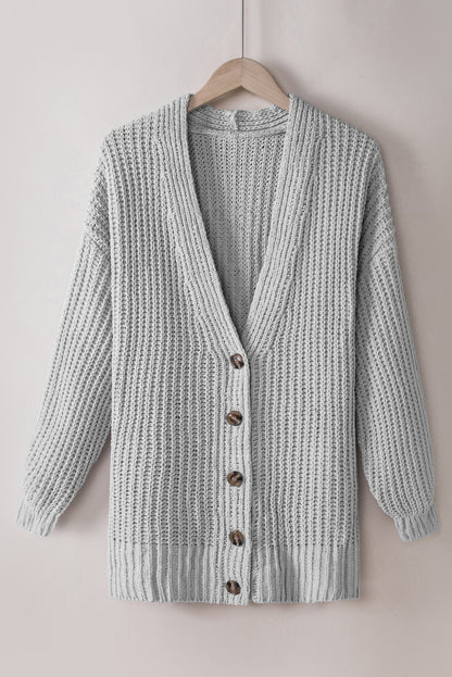 Gray Buttoned Front Drop Shoulder Knitted Cardigan