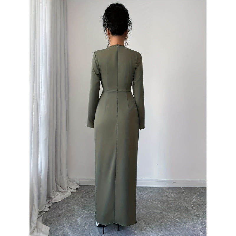 Womens Solid Color V-Neck Long Sleeve Dress