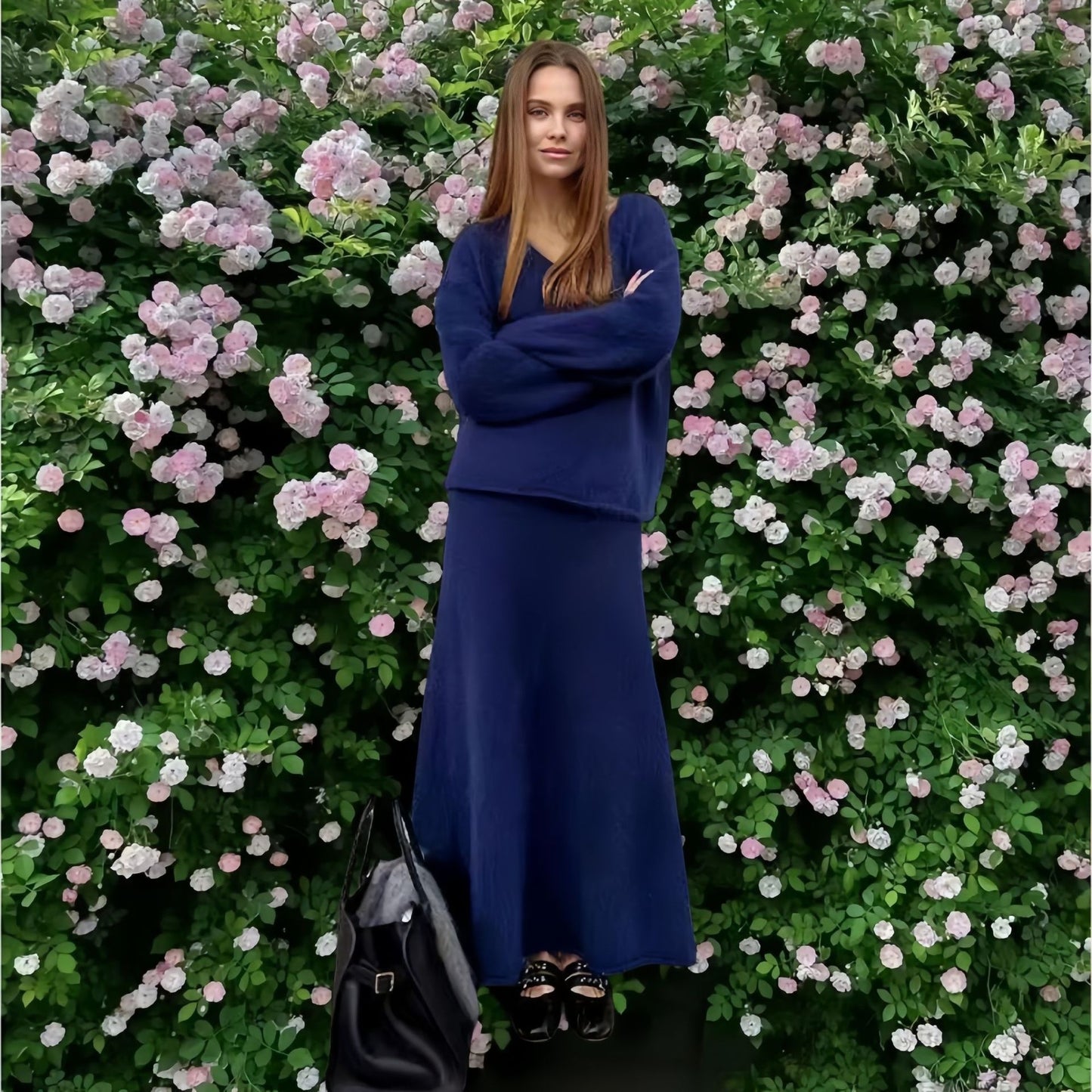 Eelegante gebreide V-hals trui of vest plus rok set