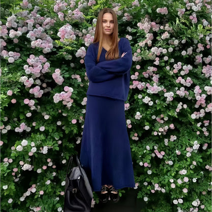 Eelegante gebreide V-hals trui of vest plus rok set