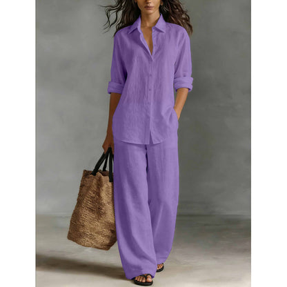 Casual katoen-linnen blouse en broekset voor dames
