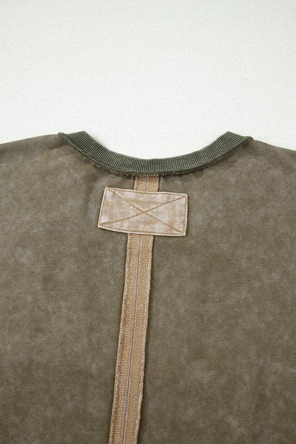 Mineral Wash oversized top met rafelige naden bloemenmotief patchwork en 3/4 mouwen
