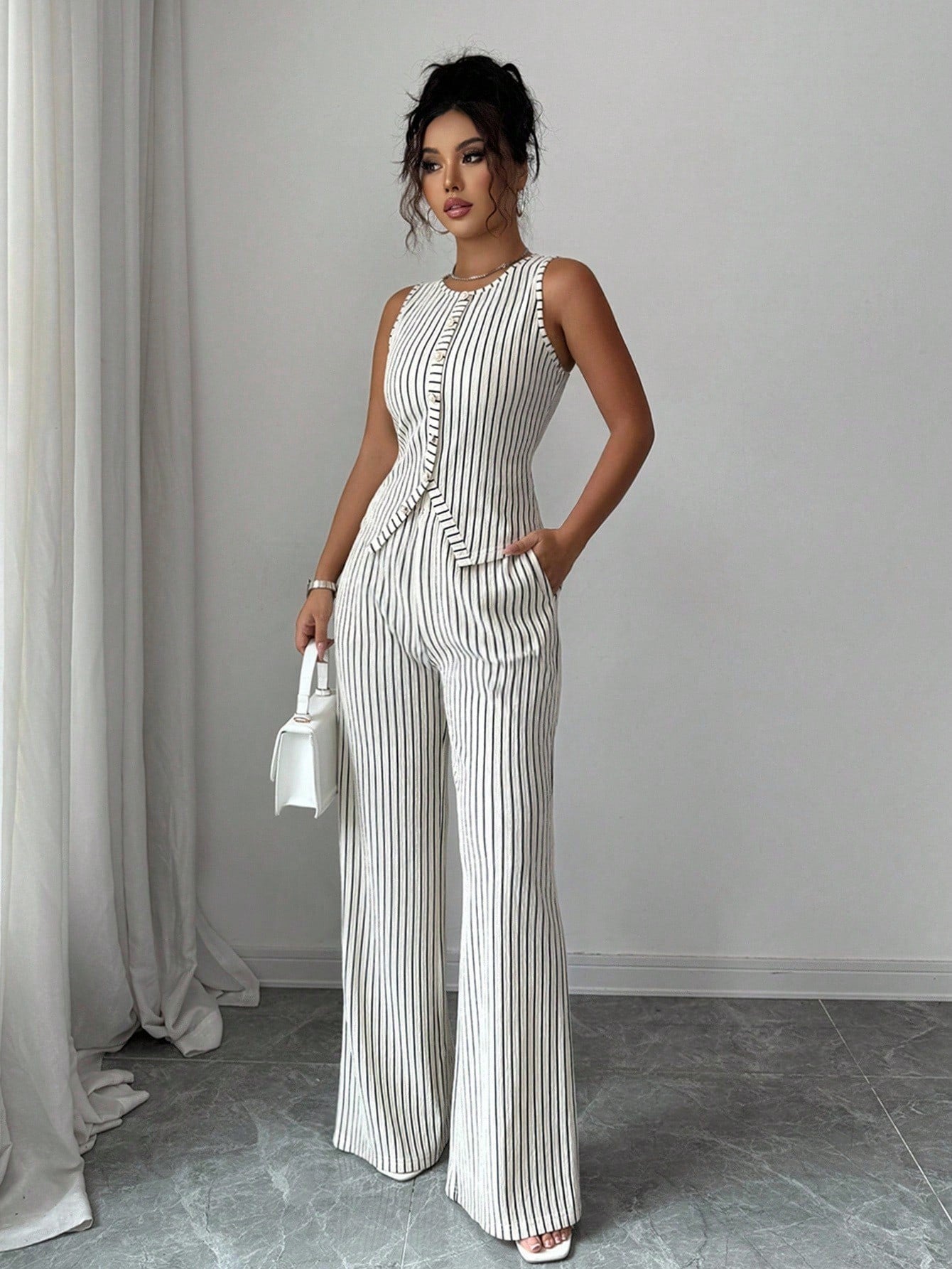 Retro gestreepte mouwloze vest en wijde broek set voor dames