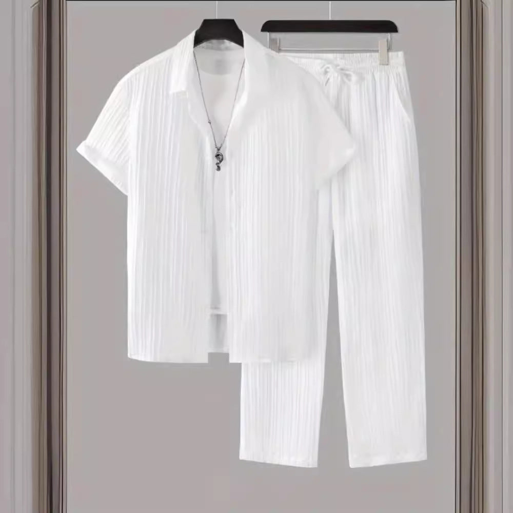 Men's Striped Short-Sleeve Shirt and Drawstring Pants Set