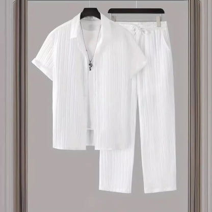 Men's Striped Short-Sleeve Shirt and Drawstring Pants Set