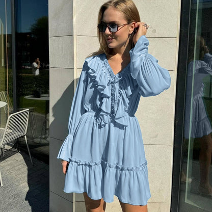 Womens V Neck Bell Sleeve Ruffled Dress