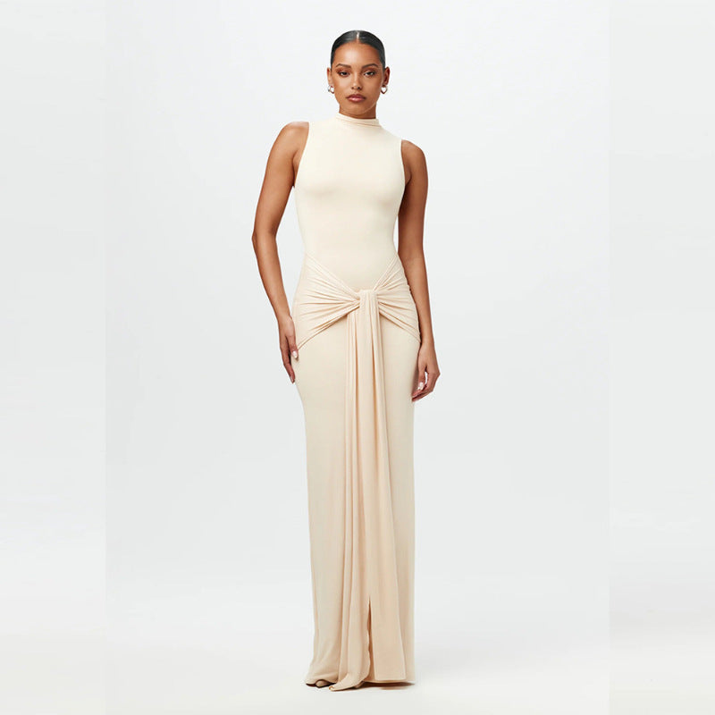 Elegante effen mouwloze jurk met bandjes in de taille