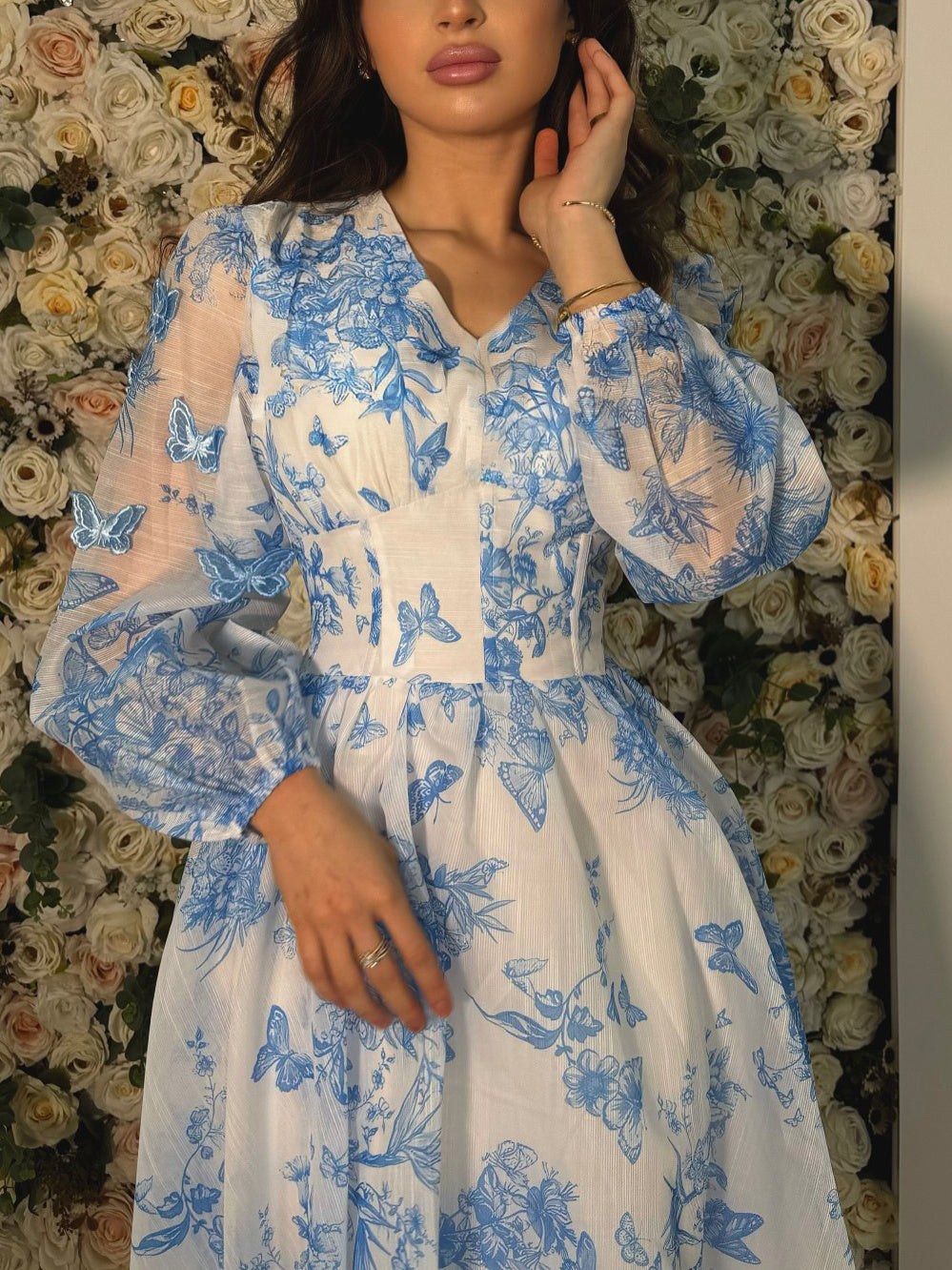 Vlinderprint V-hals lange mouwen jurk