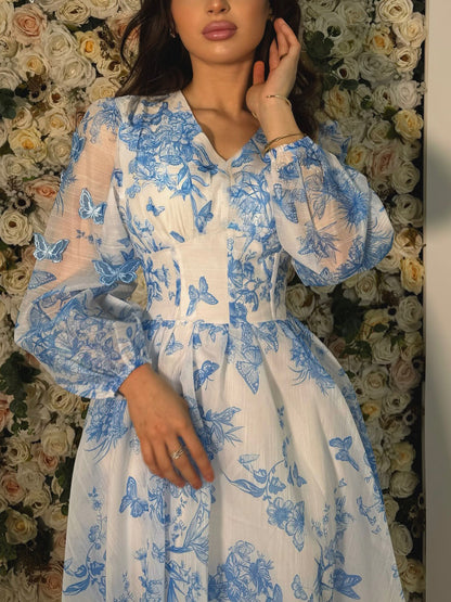 Vlinderprint V-hals lange mouwen jurk