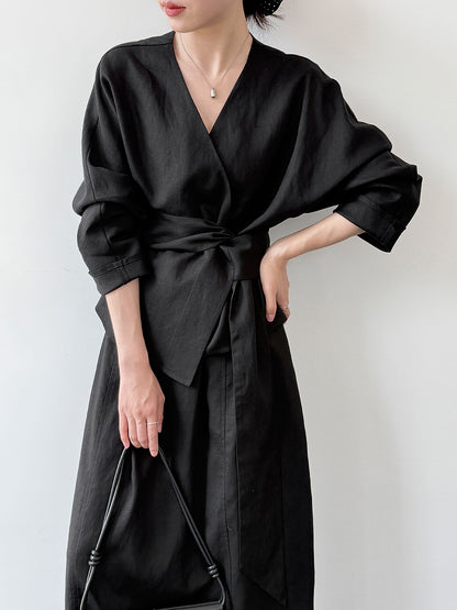 Linnen blouse met ceintuur en rokset voor dames