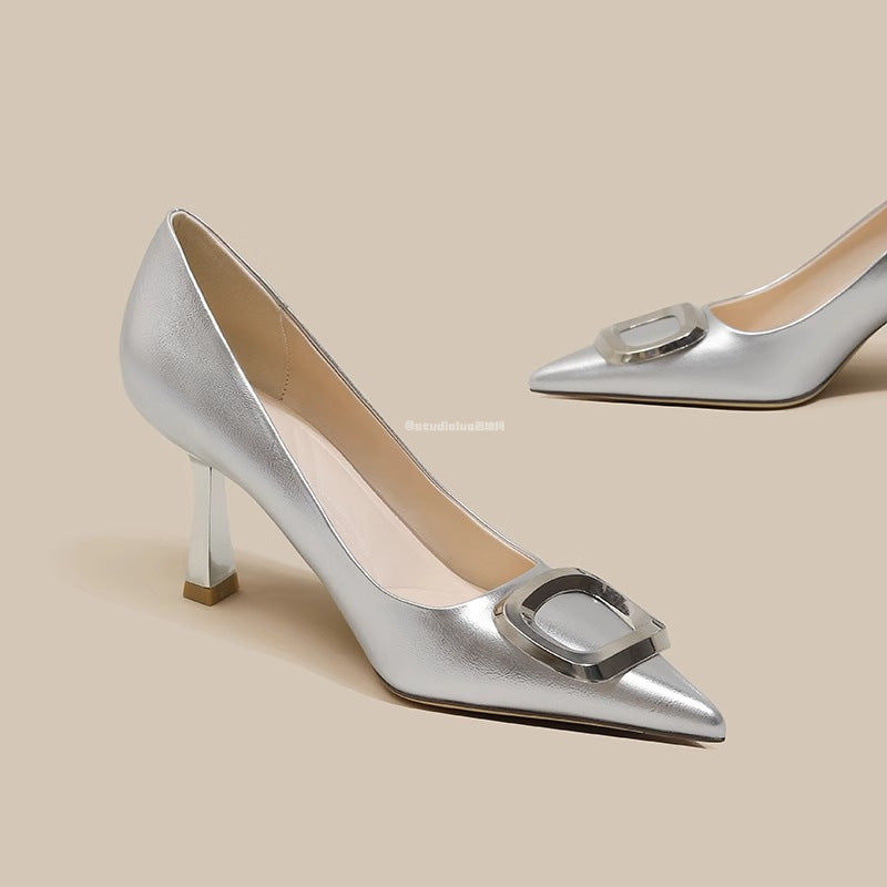French Square Buckle Pointed Toe Stiletto Heels