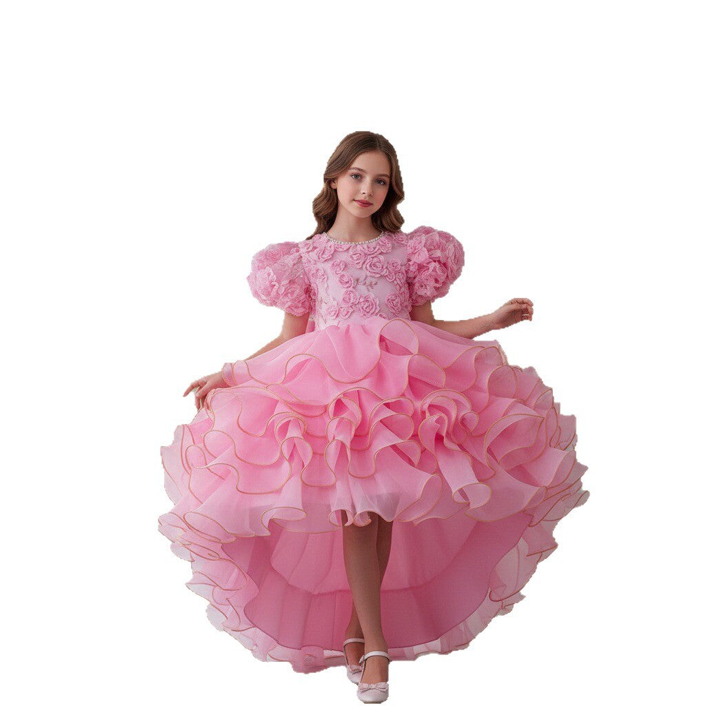 European and American Girls' Puff Short-Sleeved Dress with Three-Dimensional Flower Wedding Dress Children's Formal Dress Multi-Layered Cake Train Dress